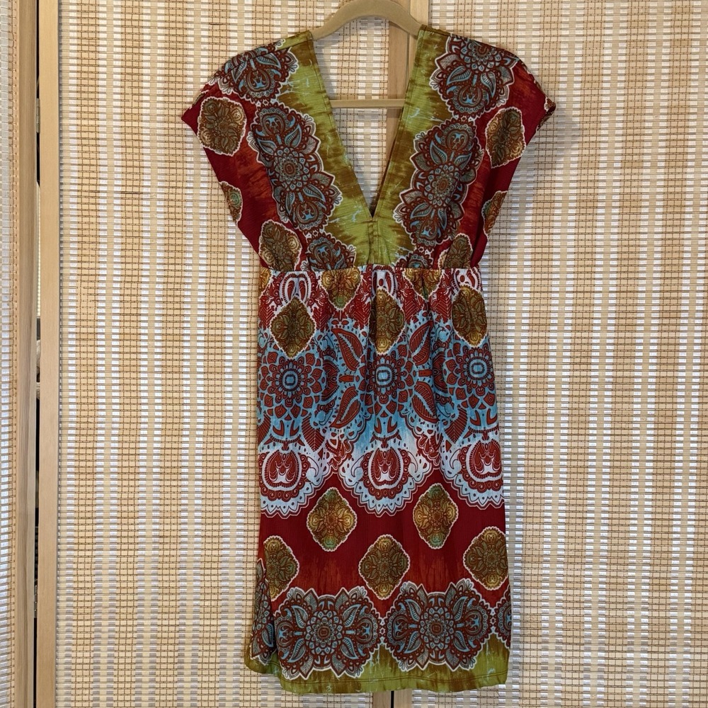 Maurices Womens S Dress Red Yellow Cream Midi Sleeveless Boho Lagenlook Festival